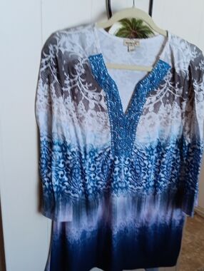 ONE WORLD Blue Ombre Beaded V-Neck Tunic